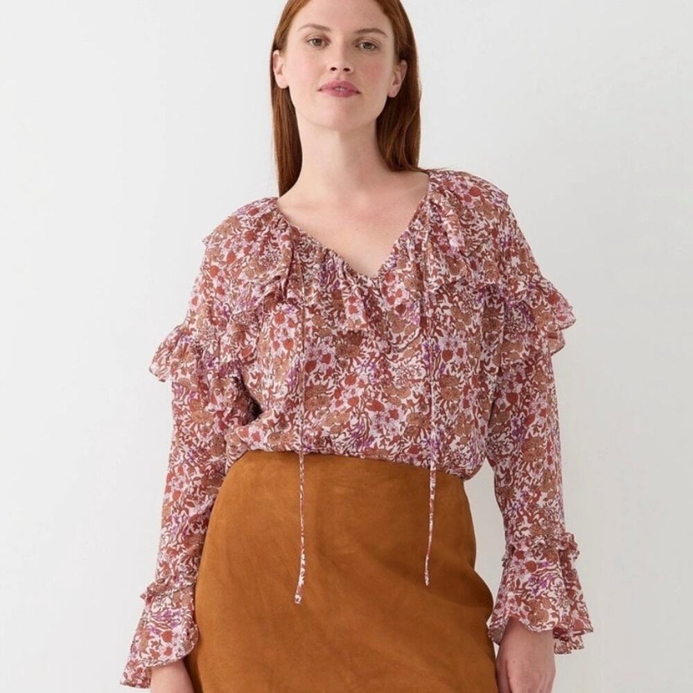J. Crew Crinkle Chiffon Floral Fete Ruffle Bell Long Sleeve V-Neck Blouse MEDIUM